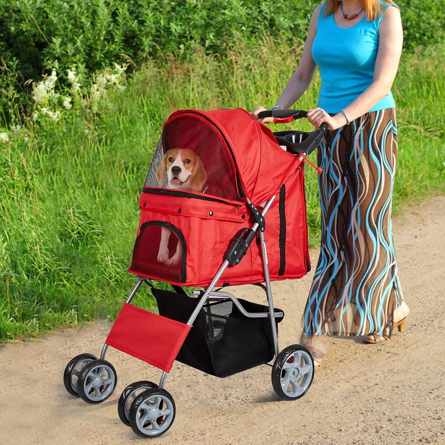 Pawise Multi Color Outdoor Travel 4 Wheel Pet Carrier Stroller Folding Dog Carrier City Walk Strolling Cart for Dogs and Cats